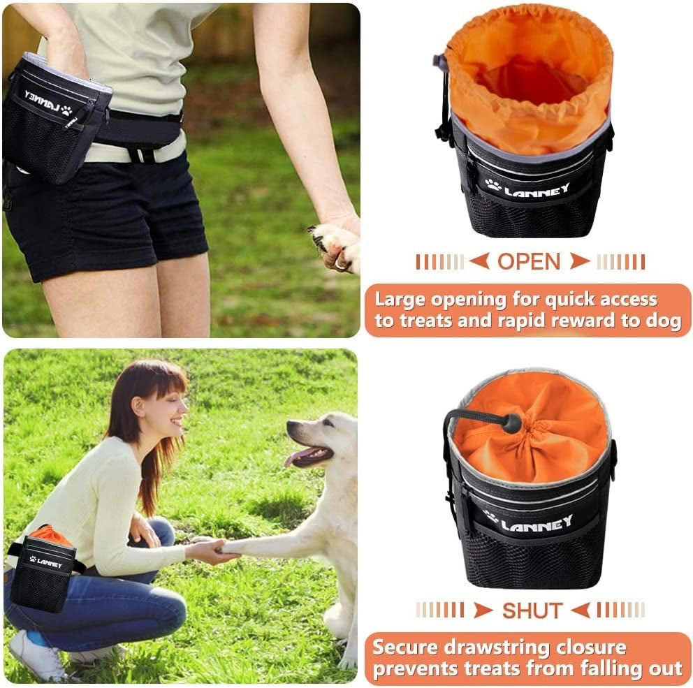 Dog Treat Pouch Pet Training Bag for Small to Large Dogs, Treat Tote Carry Kibble Snacks Toys for Training Reward Walking, Metal Clip, Waist Belt, Shoulder Strap, Poop Bag Dispenser, Black with Orange