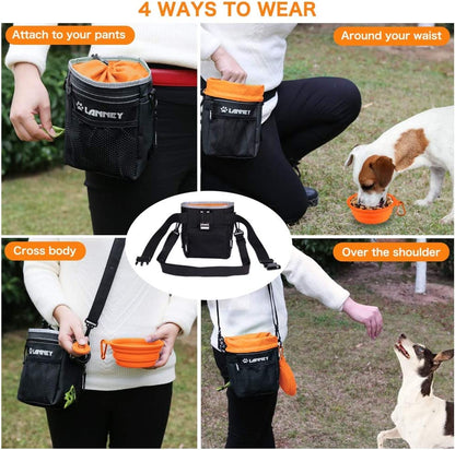 Dog Treat Pouch Pet Training Bag for Small to Large Dogs, Treat Tote Carry Kibble Snacks Toys for Training Reward Walking, Metal Clip, Waist Belt, Shoulder Strap, Poop Bag Dispenser, Black with Orange