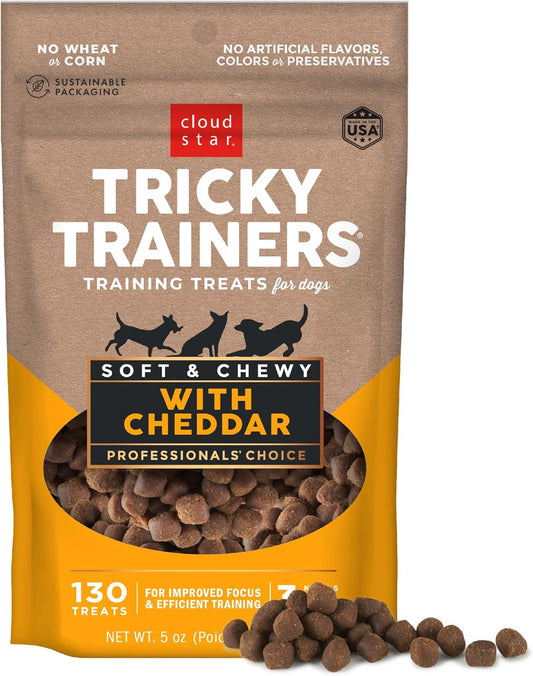 Tricky Trainers Soft & Chewy Dog Training Treats 5 Oz Pouch, Cheddar Flavor, Low Calorie Behavior Aid with 130 Treats