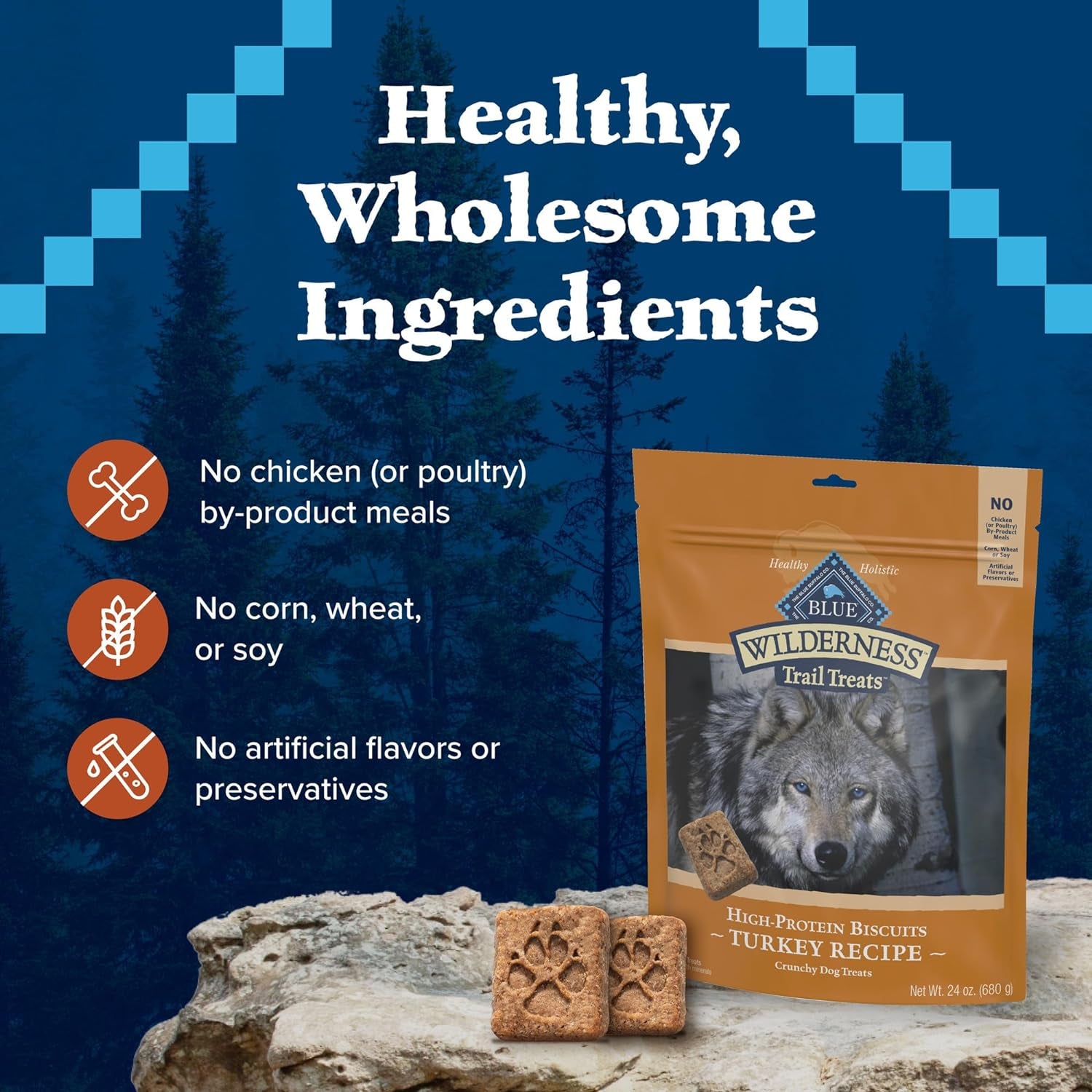 Wilderness Trail Treats High Protein Grain Free Dog Biscuits Crunchy Dog Treats, Turkey Recipe, 24-Oz Bag